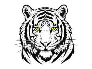 Striking Tiger: A striking, detailed illustration of a tiger's head, rendered in bold black and white lines with piercing yellow eyes, showcasing the animal's regal and powerful presence.