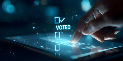 Futuristic E-Voting: Hand Casts a Digital Ballot on a Luminous Blue Touchscreen.