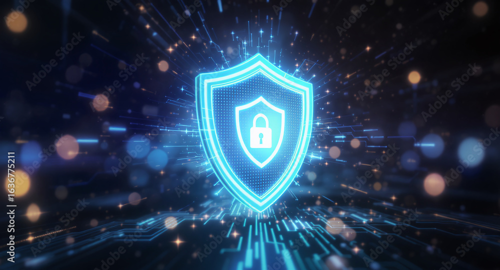 Poster shield icon on secure global network representing cyber security and information protection, advance