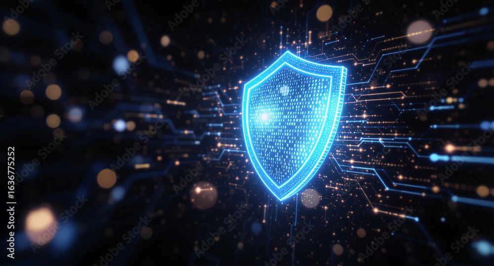 Poster shield icon on secure global network representing cyber security and information protection, advance