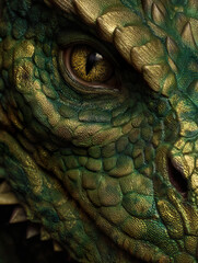Close up of a dragons face with scale skin.