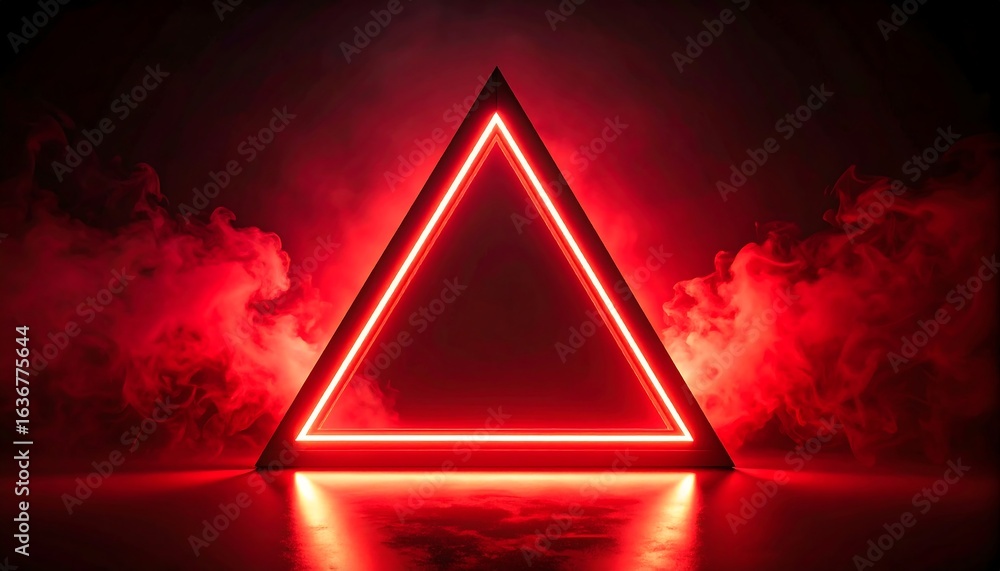 Poster glowing triangle frame with red smoke and reflection