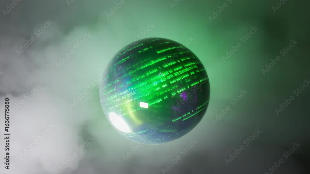 Aufkleber glowing green digital sphere featuring intricate programming code, emitting vibrant light beams whil
