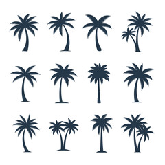 Fototapeta premium Collection of stylized silhouettes of tropical palm trees representing beach and island vacation vibes