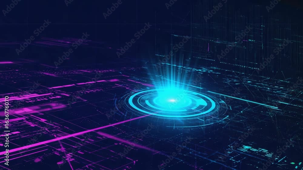 Poster futuristic motherboard circuit is glowing and transferring digital data with a bright center core an