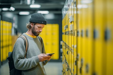 Man checking smartphone while near yellow package lockers in a modern storage facility during the day Generative AI