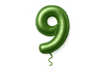 Green metallic balloon number nine floating with ribbon on transparent background