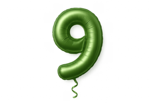 Green metallic balloon number nine floating with ribbon on transparent background