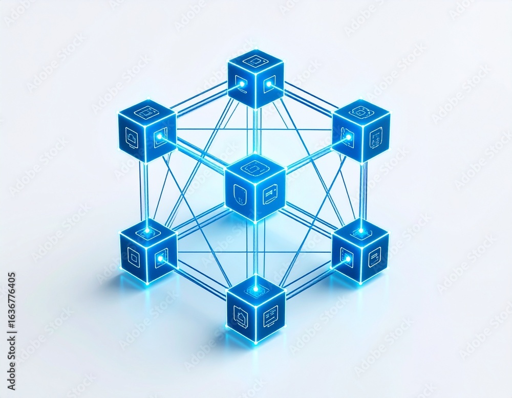Poster conceptual illustration of a blockchain network, showcasing interconnected digital blocks and data f