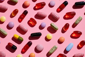 Medicine Pills on Pink Background. Medicinal Capsules and Tablets for Health. Vitamin and health supplement, colorful pills various types multivitamins and tablets. Antiviral, pharmaceutical products.