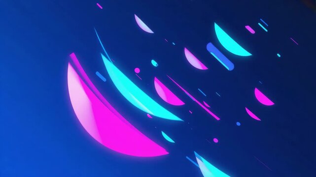 Pink and light blue crescent shapes gliding diagonally across a dark blue background, generating a vibrant and dynamic abstract composition filled with energy and modern flair