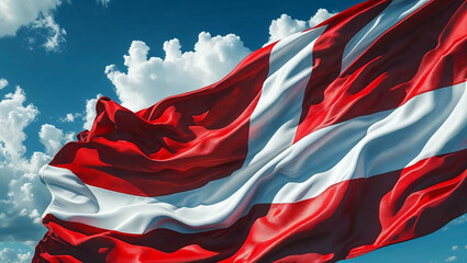 Danish flag (Dannebrog) waving in the wind with vivid red and white colors, fabric texture, and a blue sky background.