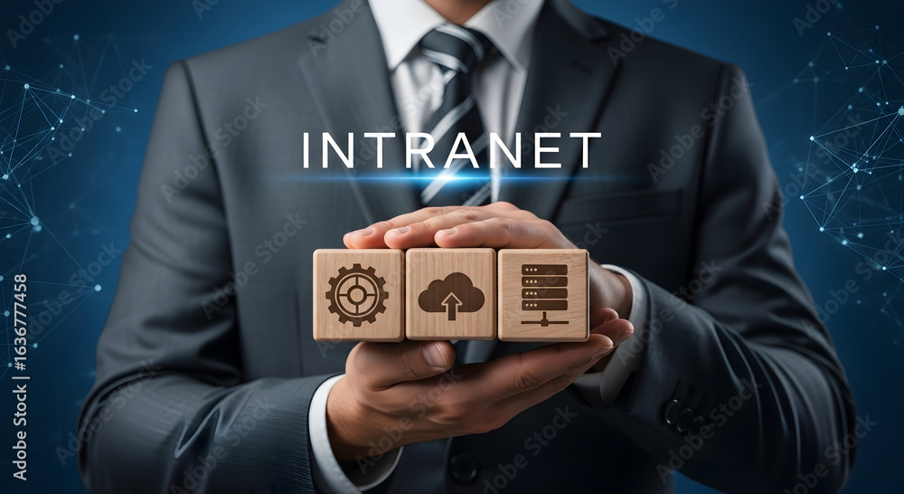 Poster business professional presents wooden blocks symbolizing intranet, cloud computing, and server infra
