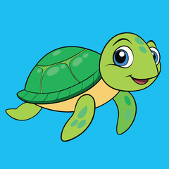 Cute green cartoon turtle swimming in blue water