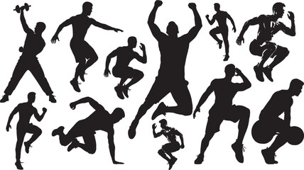 gym silhouette man workout and exercise poses vector set, fitness athlete training and sports activity silhouette illustration, bodybuilding and gym exercise black silhouette collection
