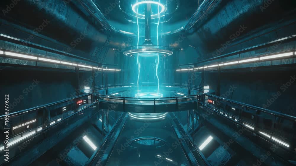 Poster lightning bolts are striking a glowing portal in the center of a futuristic metallic corridor inside