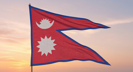 The unique Nepali flag flowing in the fresh morning air, standing out against a light, pastel sky.