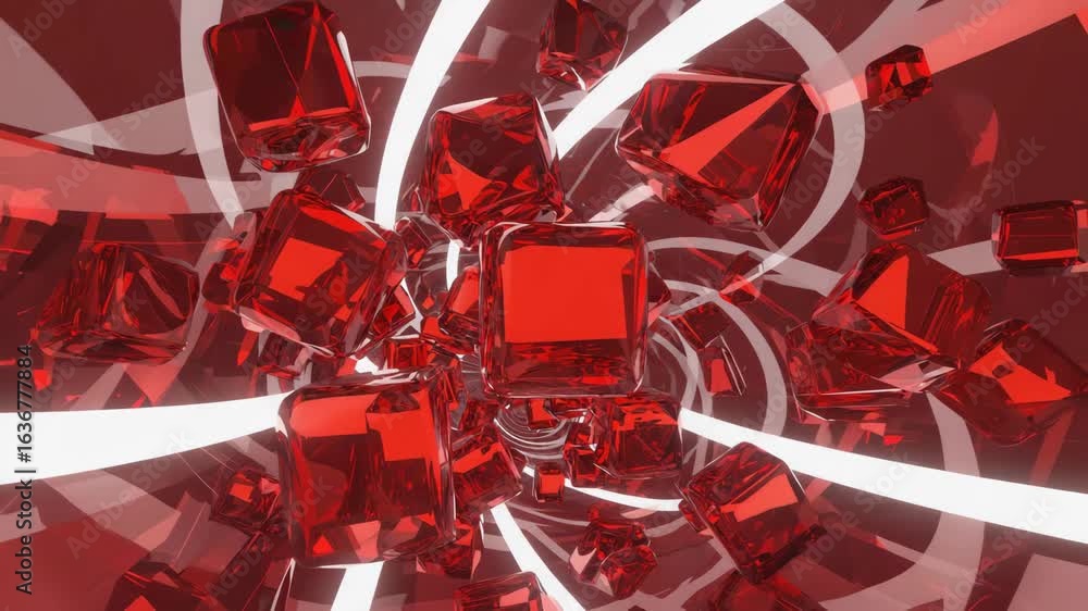Poster floating red glass cubes swirl through an abstract tunnel illuminated by bright white neon lights, f
