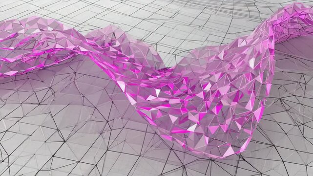 Flowing pink low poly triangular waves create a dynamic and futuristic atmosphere against an abstract white grid background, enhancing the sense of modern technology and innovation