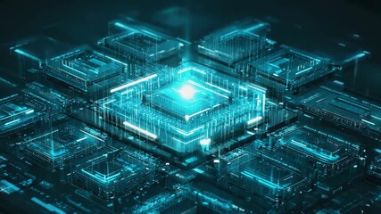 Complex quantum computing is processing futuristic microchip data flowing through circuit board with glowing blue light, symbolizing advanced technology and innovation - Powered by Adobe