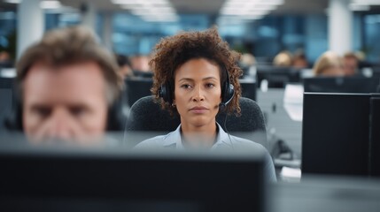 A focused woman with headset, works in a modern office environment, engrossed in her tasks. Capturing her dedication and professional.
