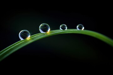 Transparent water droplets delicately cling to a slender blade of grass, capturing the beauty of nature's simplicity, bathed in soft, natural light.