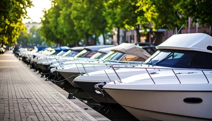 Fototapeta premium Row of white motorboats moored along a canal