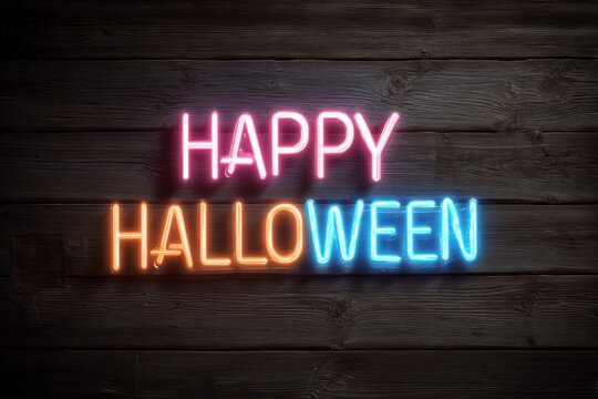 Happy Halloween Neon Sign on Wooden Background