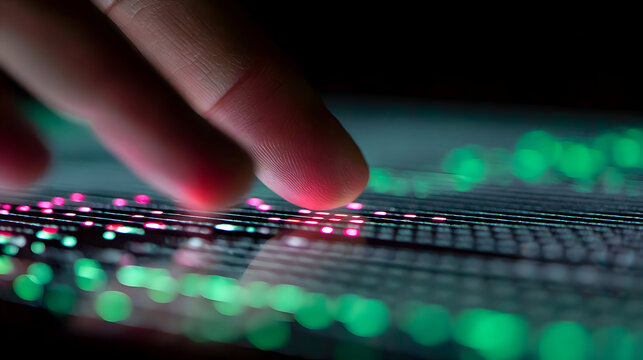 A Luminous Fingertip Navigates a Glowing Digital Data Stream.