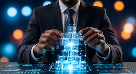 Expert hands construct a luminous digital block tower on a futuristic interface, symbolizing innovation.