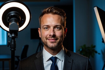 Naklejka premium Handsome businessman or vlogger records a video or attends a virtual meeting, perfectly illuminated by a professional ring light for a high-quality online stream