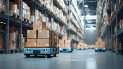 Modern warehouse utilizing robotic delivery carts for efficient online order fulfillment with high-quality stock management Generative AI