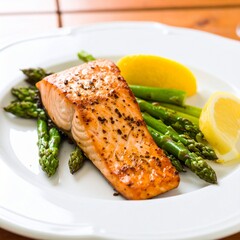 A Perfectly Cooked Salmon Fillet with Fresh Asparagus and a Lemon Slice, a Healthy and Light Dinner