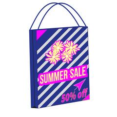 Summer sale11 blue striped shopping bag with bright inscription summer sale.,The bag has yellow flowers with a bright pink border,There is an arrow on the corner and the words 50% discount.