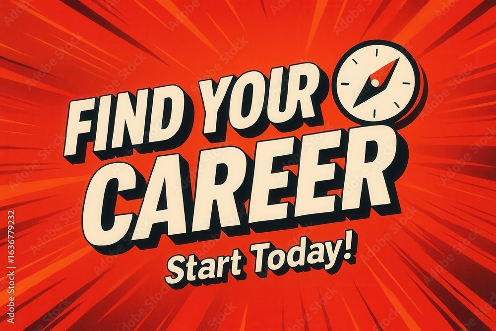 Aufkleber bold typography on a dynamic red background with a compass graphic emphasizes the phrase 