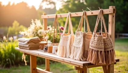 Handmade Bags on Display with Rustic Charm in Outdoor Setting