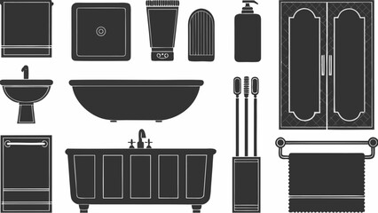 Fototapeta premium Silhouette illustration showcasing various bathroom fixtures and accessories in a dark tone | editable eps vectors
