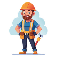 Cartoon Construction Worker Ready to Build Holding a Hammer, Tool Belt, Wearing Yellow Hard Hat and Orange Safety Vest