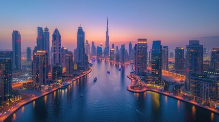 Obraz premium Aerial view of a vibrant city skyline at dusk, showcasing modern skyscrapers reflecting in the water, with a stunning sunset illuminating the urban landscape