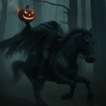 Terrifying Halloween Scene of Headless Horseman with Flaming Pumpkin in Foggy Forest
