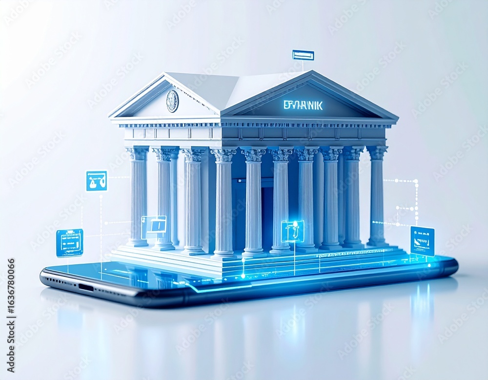 Aufkleber futuristic concept of digital banking showing a classical bank building on a smartphone screen with 