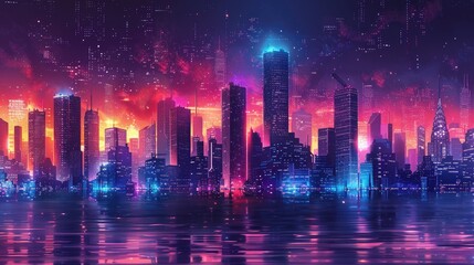 Obraz premium Vibrant city skyline at dusk, illuminated by colorful lights reflecting on water, showcasing modern architecture and a futuristic atmosphere with a captivating urban landscape