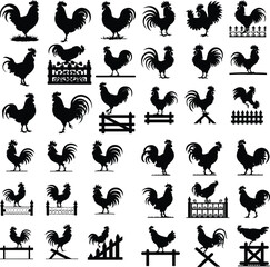Rooster Crowing on Fence Silhouette – Rural Morning Icon Set Farm Rooster Silhouette on Fence – Sunrise Animal Icon