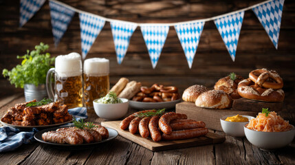 Festive Oktoberfest table featuring traditional Bavarian food and beer in Germany during October celebration