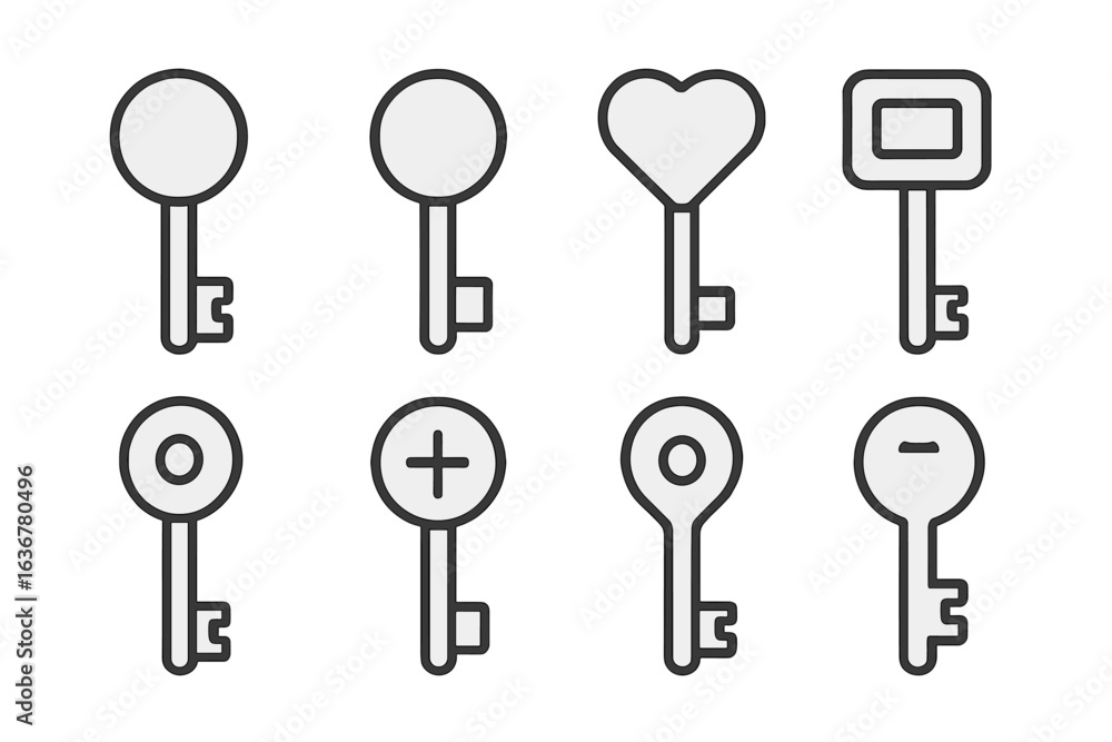 Poster unique designs of keys showcasing different shapes and symbols found in a creative layout on a neutr