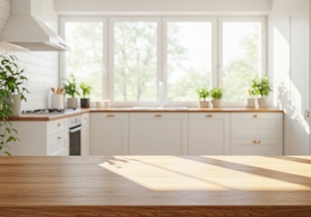 Fototapeta premium Kitchen interior table wooden countertop design with wood cozy background mockup branding 