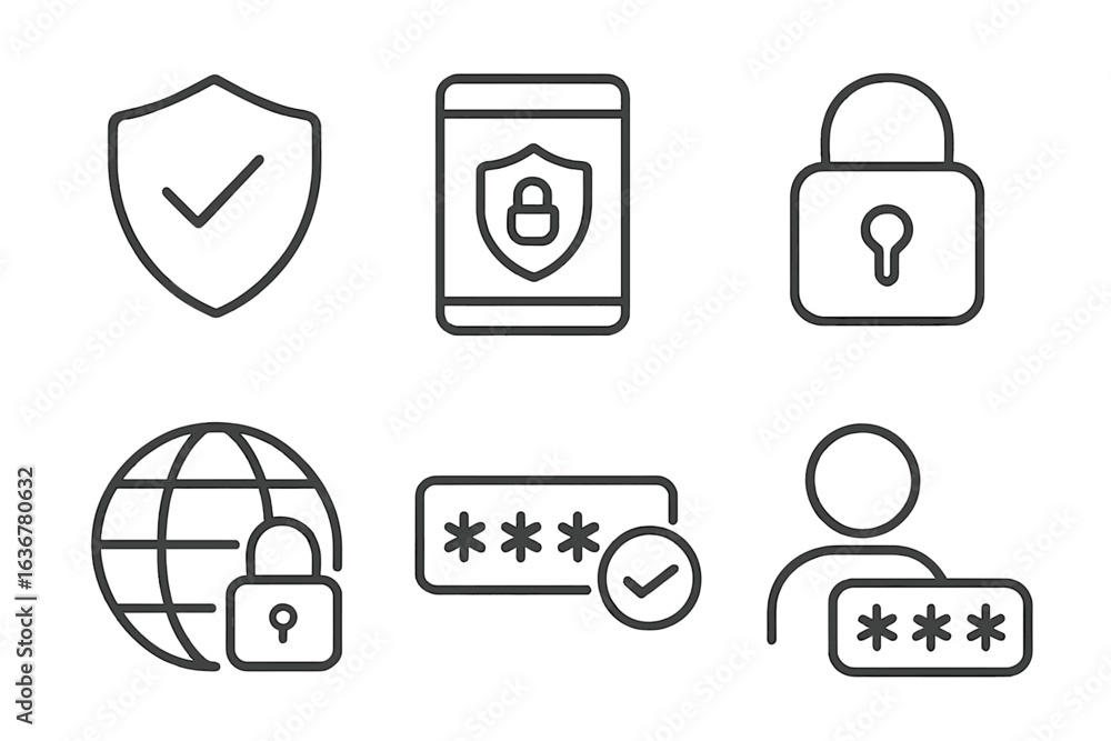 Poster digital security icons representing protection, passwords, and data privacy for online safety and se