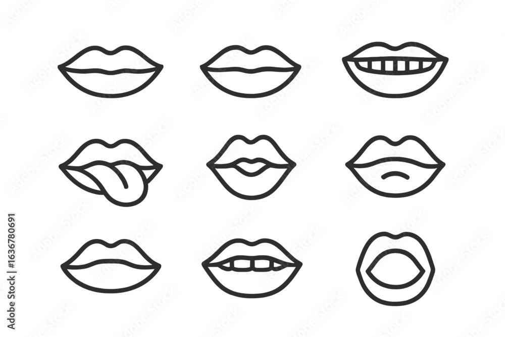Poster different expressions of lips showcasing emotions, gestures, and actions in a minimalist style