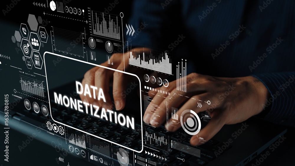 Poster hands typing on laptop with data monetization graphics and digital analytics symbols for business gr