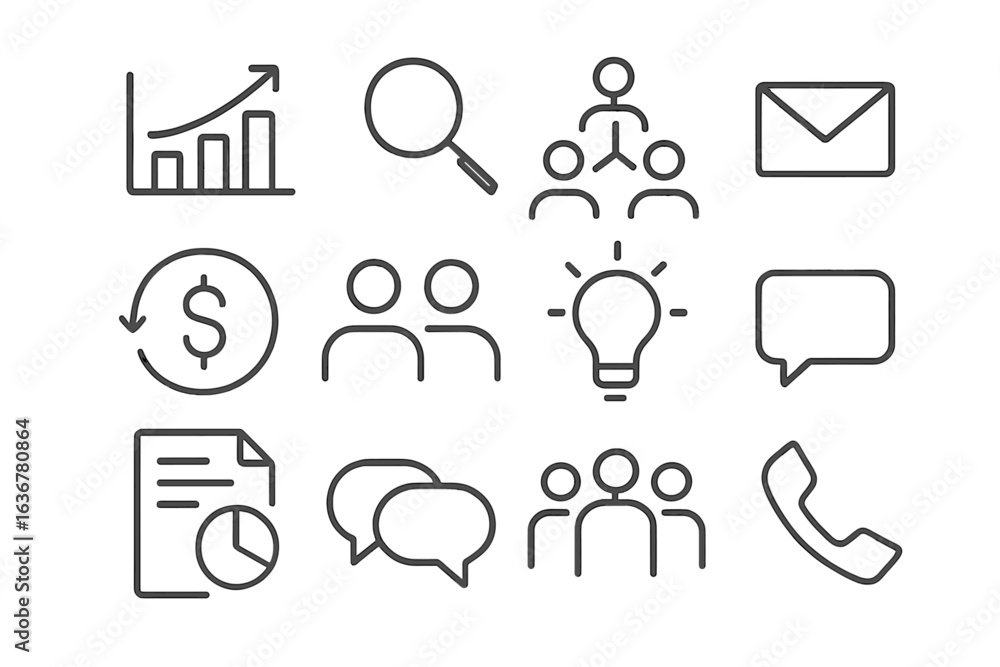 Poster business concepts and communication elements illustrated with simple line icons in a minimalist styl